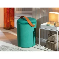 Pouff Contenitore Tondo Puff Verde Portaoggetti Sgabello con Maniglia
