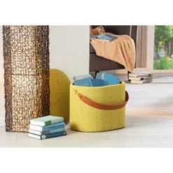 Pouff Tondo Giallo Verde Contenitore Puff Portaoggetti con Maniglia