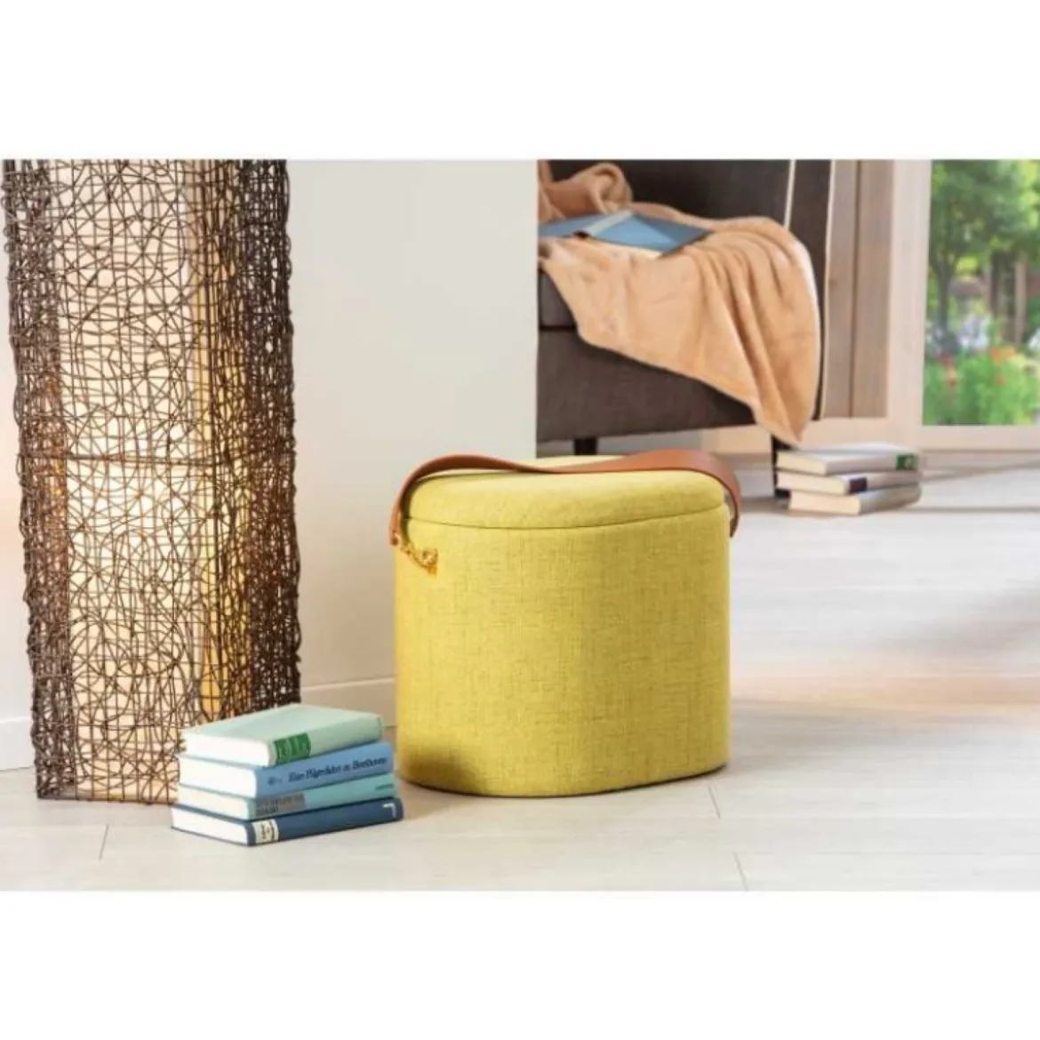 Pouff Tondo Giallo Verde Contenitore Puff Portaoggetti con Maniglia
