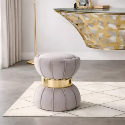 Pouf Imbottito in Velluto Grigio Oro da Soggiorno Camera da Letto