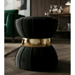 Pouf Imbottito in Velluto Nero Oro da Soggiorno Camera da Letto