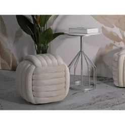 Pouf in Velluto Crema Quadrato Elegante per Salotto Camera da Letto