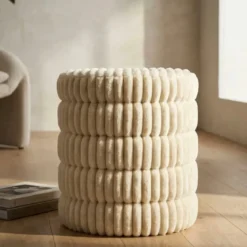 Pouf Letto Divano Bianco Rotondo Imbottito Mdf Poliestere Morbido