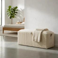 Pouf Panca Contenitore Bianco Imbottito Mdf Poliestere Camera da Letto