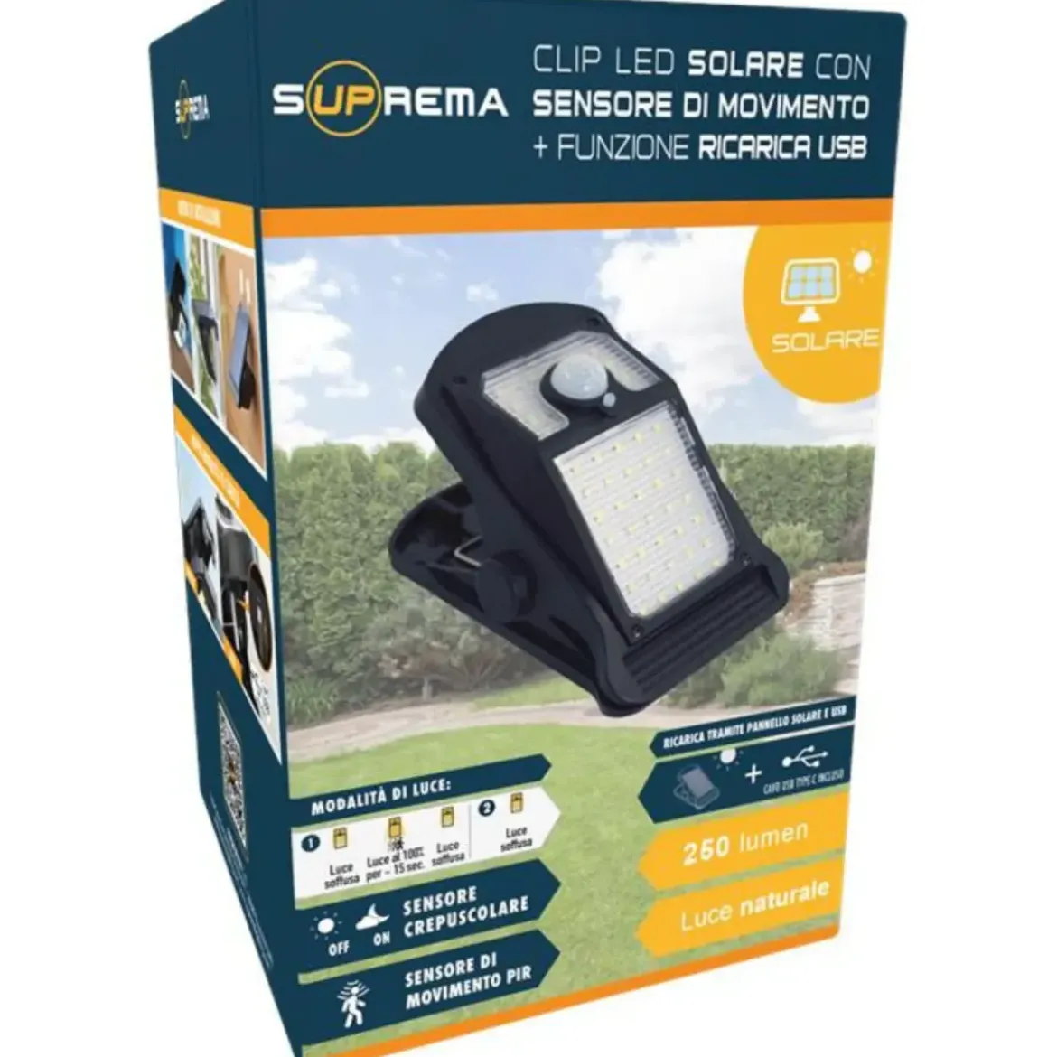 Proiettore Solare con Clip LED 250 Lumen Sensore Movimento Segnapasso