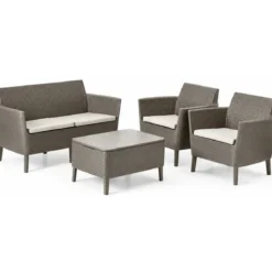 Salottino da Giardino 4 Posti Rattan Cappuccino con Cuscini e Tavolo
