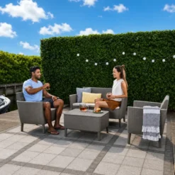 Salottino da Giardino 4 Posti Rattan Cappuccino con Cuscini e Tavolo