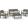 Salottino 4 Pezzi Antracite Resina Effetto Legno con Cuscini Crema