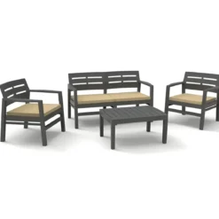 Salottino 4 Pezzi Antracite Resina Effetto Legno con Cuscini Crema