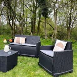 Salottino Rattan 4 posti Antracite con Cuscini per Esterno