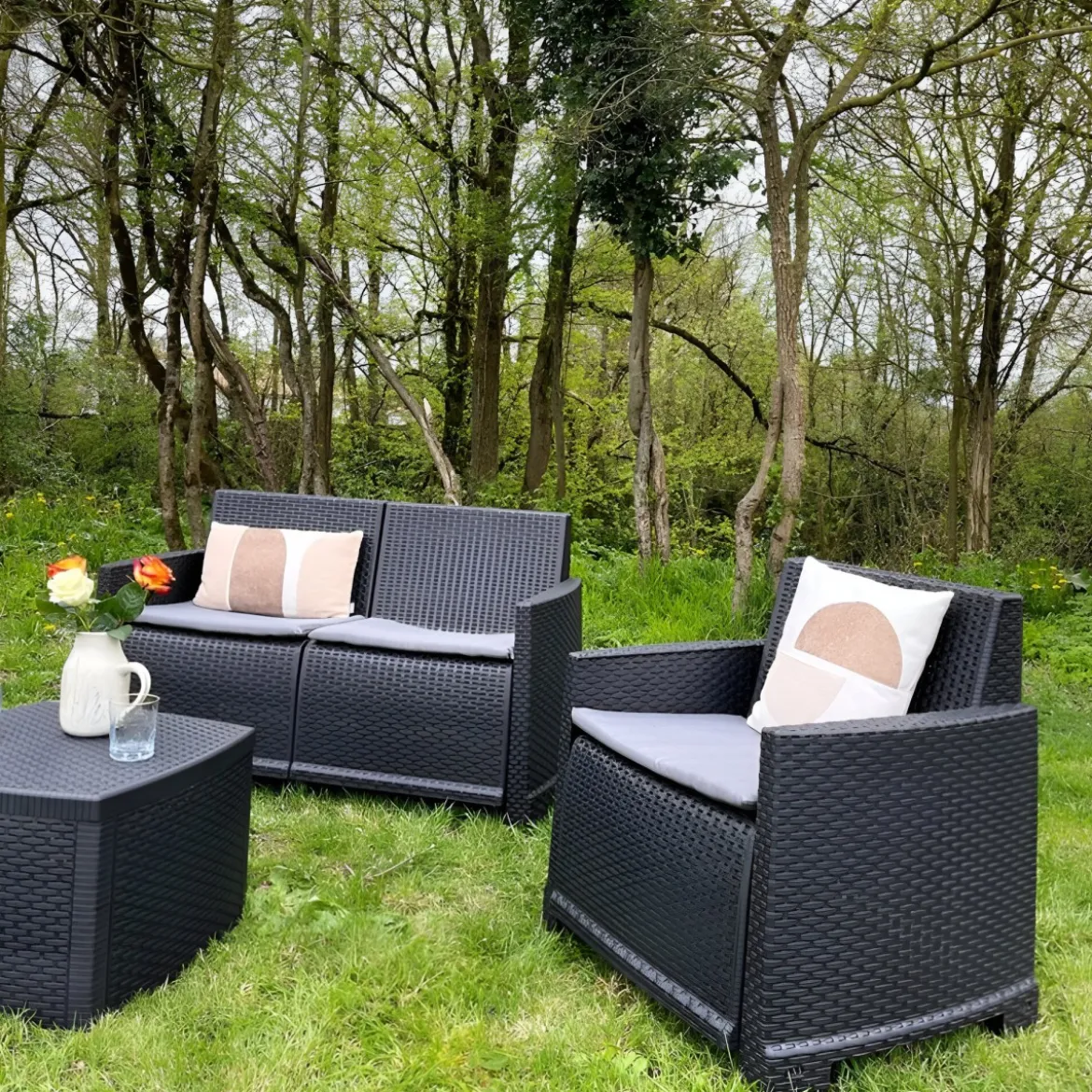 Salottino Rattan 4 posti Antracite con Cuscini per Esterno
