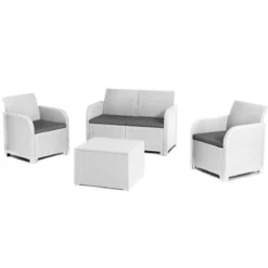 Salotto da Esterno Effetto Rattan Bianco Lounge Divano con Cuscini