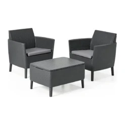 Salotto da Esterno 2 Posti in Resina con Tavolo Contenitore Effetto Legno