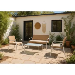 Salotto da Giardino Completo in Polyrattan Miele Bianco e Acciaio