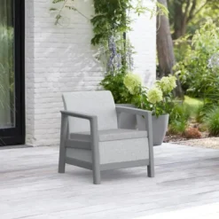Salotto da Giardino Divano Poltrone Tavolo Contenitore Grigio Cuscini