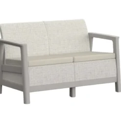 Salotto da Giardino Divano Poltrone Tavolo Contenitore Beige Cuscini