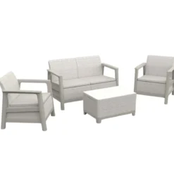 Salotto da Giardino Divano Poltrone Tavolo Contenitore Beige Cuscini