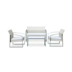 Salotto Esterno Set Beige Polyrattan Divano 2 Poltrone Tavolino Basso Giardino