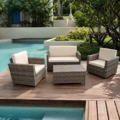 Salotto Giardino Grigio Effetto Rattan Divano Poltrone Tavolo Cuscini