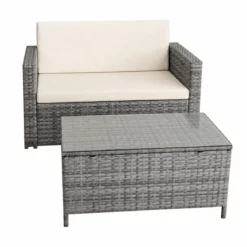 Salotto Giardino Grigio Effetto Rattan Divano Poltrone Tavolo Cuscini