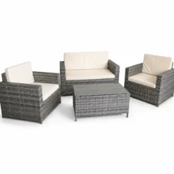 Salotto Giardino Grigio Effetto Rattan Divano Poltrone Tavolo Cuscini