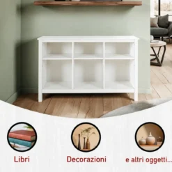 Scaffale Libreria Soggiorno Ingresso in Legno Massello Bianco 6 Vani