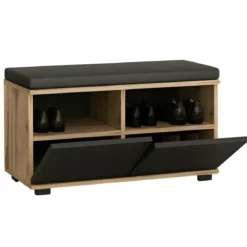 Scarpiera 2 Ante a Ribalta Pouf Contenitore Noce Nero 80x35x42 cm