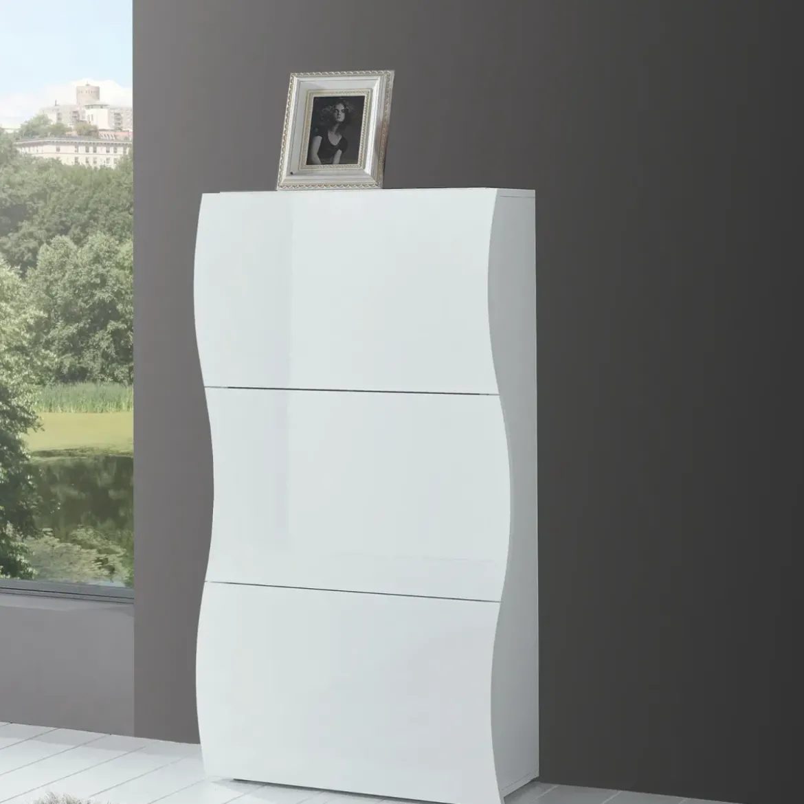Scarpiera Bianco Lucido Mobile in Legno con 3 Ante a Ribalta Portascarpe