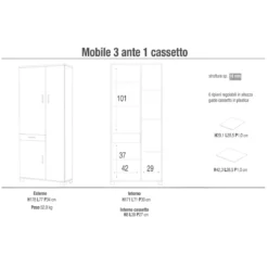Scarpiera Mobile 3 Ante Bianco con Cassetto Ripiani Multiuso Mobiletto Armadio