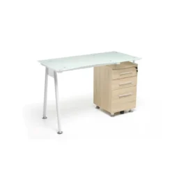 Scrivania da Ufficio Cameretta con Cassettiera Rovere Top in Vetro Porta Pc