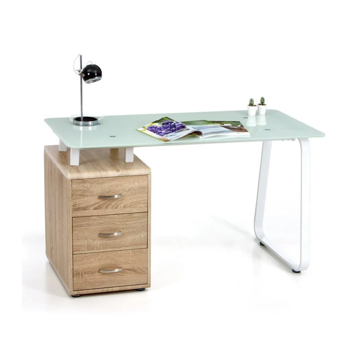 Scrivania in Vetro Tavolo Rovere con Cassettiera da Ufficio Cameretta Porta Pc