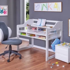 Scrivania per Bambini Regolabile in Pino Bianco con Vani Portaoggetti