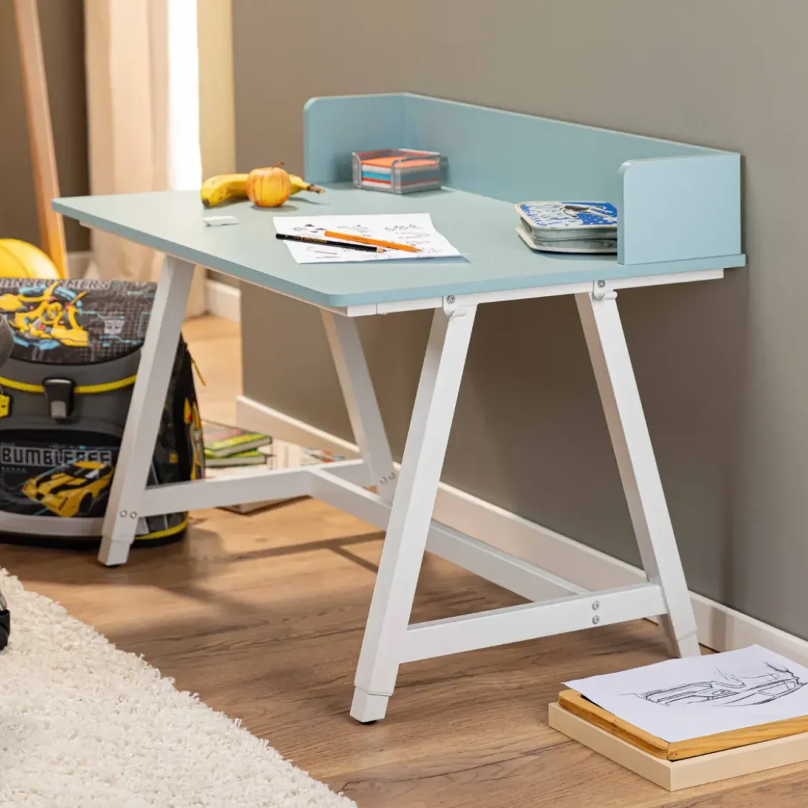 Scrivania Regolabile per Bambini 80x60 cm Bianco Azzurro Metallo MDF