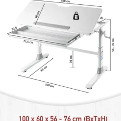 Scrivania Regolabile 100x60 cm con Piano Disegno Inclinabile Cassetto