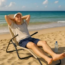 Sdraio Beige Lettino Mare Basculante Pieghevole in Acciaio da Spiaggia