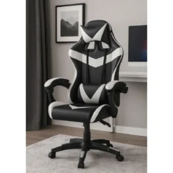 Sedia da Gaming in PVC con Imbottitura Nero e Bianco Reclinabile Girevole