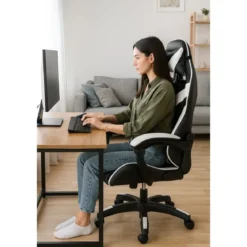 Sedia da Gaming in PVC con Imbottitura Nero e Bianco Reclinabile Girevole