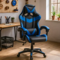 Sedia da Gaming in PVC con Imbottitura Nero e Blu Reclinabile Girevole