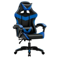 Sedia da Gaming in PVC con Imbottitura Nero e Blu Reclinabile Girevole