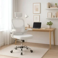 Sedia da Ufficio Ergonomica Bianca in Rete con Braccioli e Poggiatesta