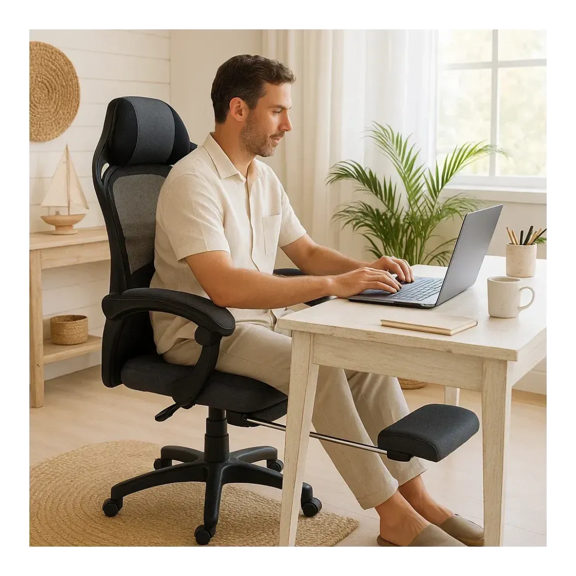 Sedia Gaming Ergonomica Nero Poggiapiedi Estensibile e Rete Traspirante