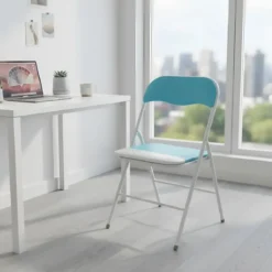 Sedia Pieghevole in Acciaio Bianco Seduta Imbottita Blu da Interno