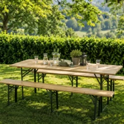 Set Birreria 220x70 in Legno Richiudibile con Tavolo 2 Panche Arredo Giardino