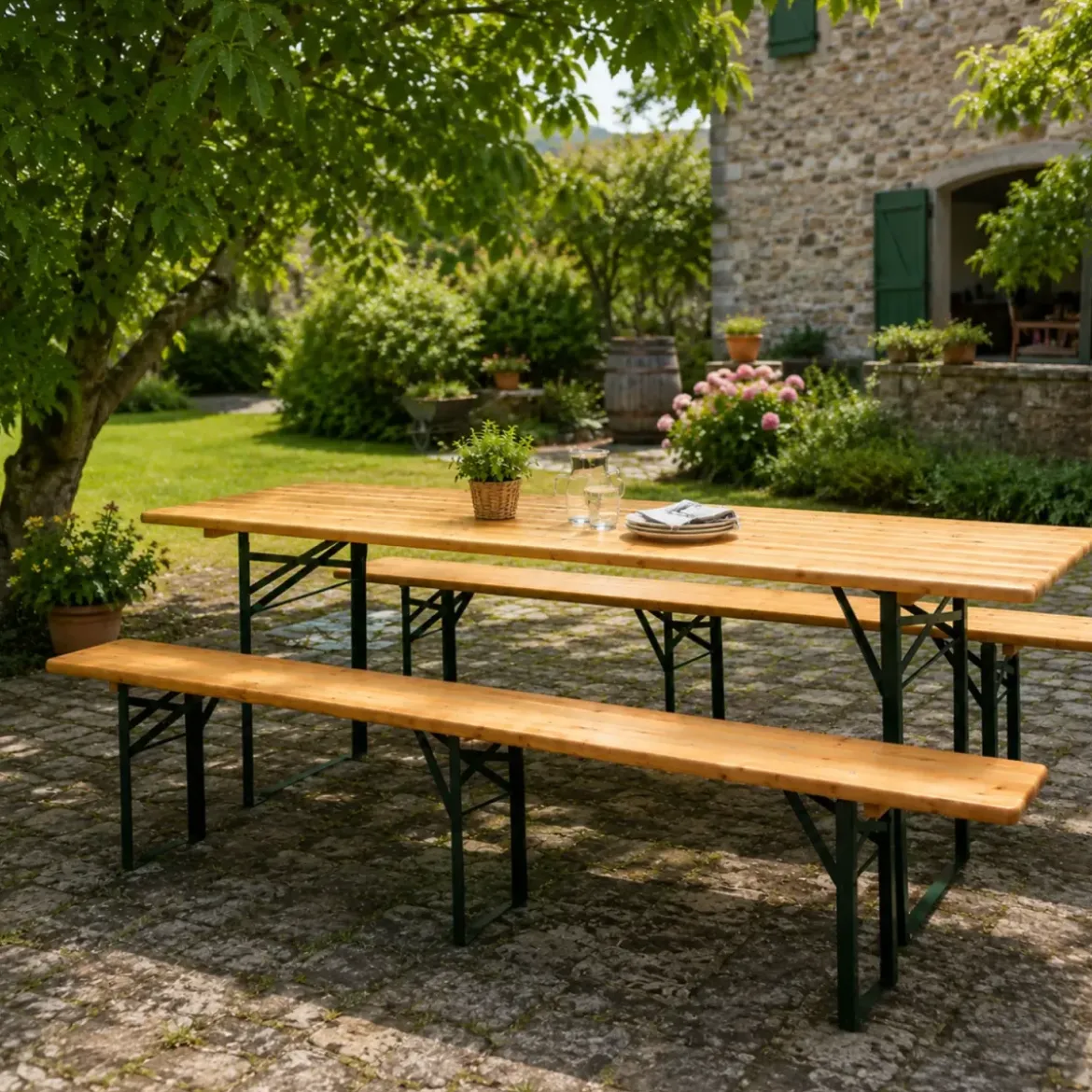 Set Birreria 220x80 in Legno Richiudibile con Tavolo 2 Panche a 3 Gambe