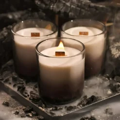 Set 3 Candele TAGU Effetto Camino in Vetro Nero con Stoppino in Legno