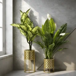 Set 2 Colonne Portavaso da Pavimento in Metallo Oro da Interno Moderno