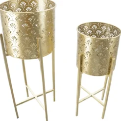 Set 2 Colonne Portavaso da Pavimento Metallo Oro Cestelli Removibili