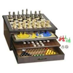 Set Giochi da Tavolo in Legno per Famiglia Vassoi Estraibili Accessori Inclusi