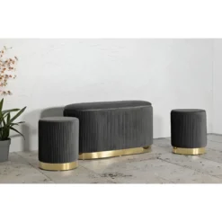 Set Panca Contenitore con 2 Pouf in Velluto Grigio Oro Camera Salotto