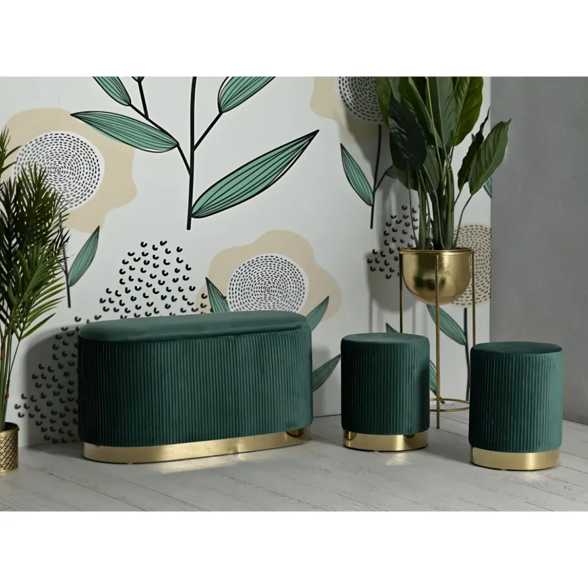 Set Panca Contenitore con 2 Pouf in Velluto Verde Oro Camera Salotto